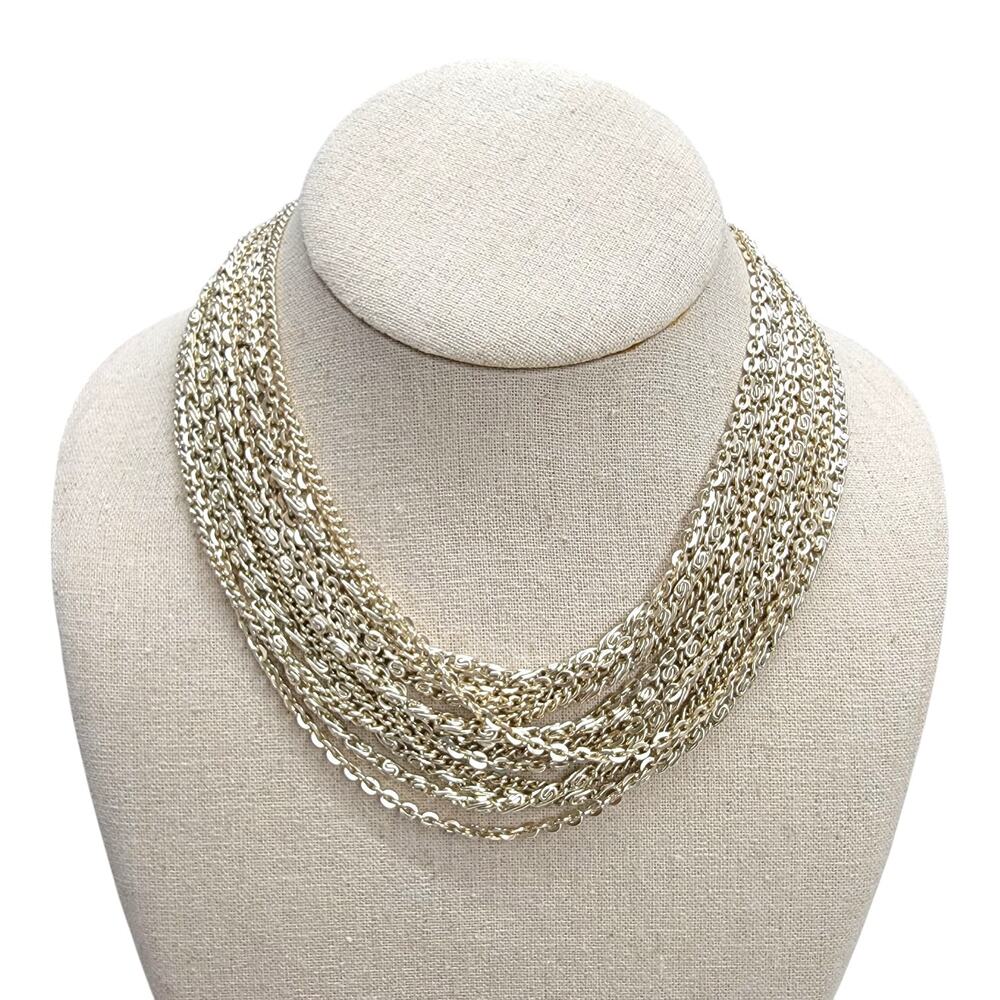 Vintage Gold Tone Multi Strand Waterfall Chain Necklace Floral Clasp Bib 80s